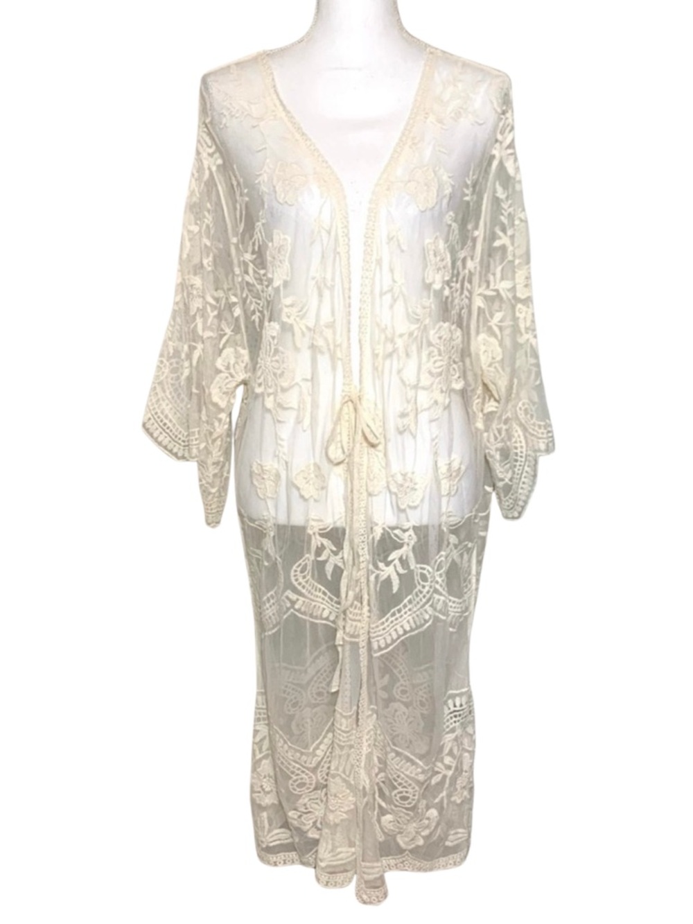 POL Cream Boho Crochet Victorian Lace Kimono Duster Cotton Small to Med